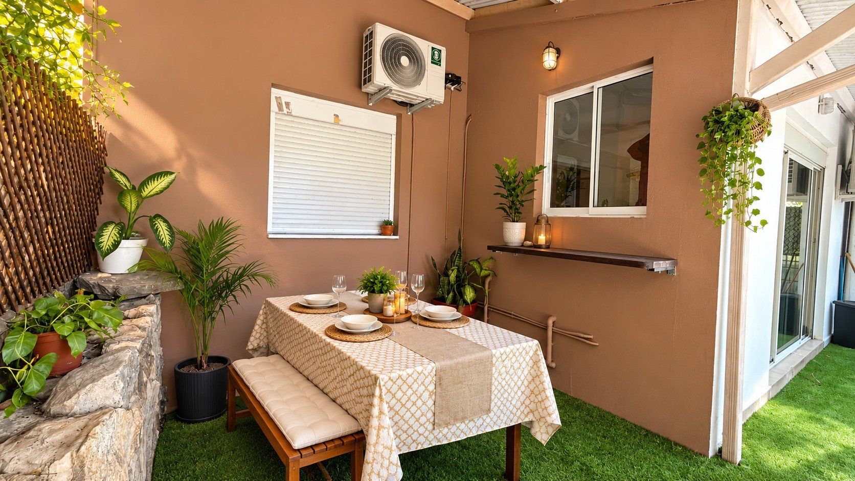 Un área de comedor al aire libre con una mesa dispuesta para dos personas, rodeada de plantas en macetas y un muro de piedra.