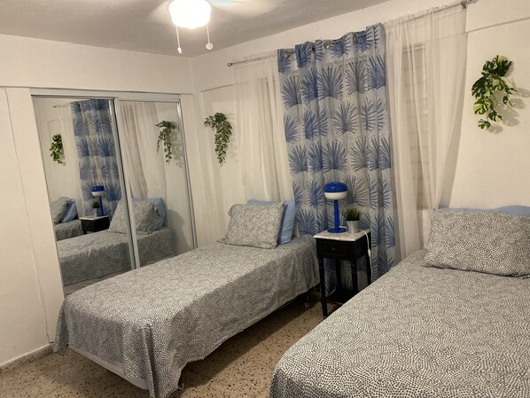 A bedroom with two beds, a mirror, a nightstand, a lamp, and a potted plant.