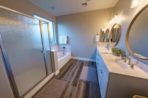 Hair dryer, towels, soap, shampoo