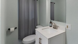 A bathroom with a toilet, a sink with a mirror, and a shower curtain. - Borealis Barnhouse - Slumber 7 (Anchorage)