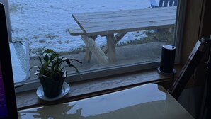 A view from a window with a wooden table and a potted plant.