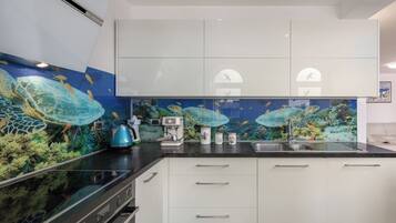 Family Apartment, 2 Bedrooms (Apartment Ayni With Private Pool) | Private kitchen | Fridge, microwave, oven, stovetop