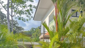 A modern house with a large window, surrounded by lush greenery and a tree.