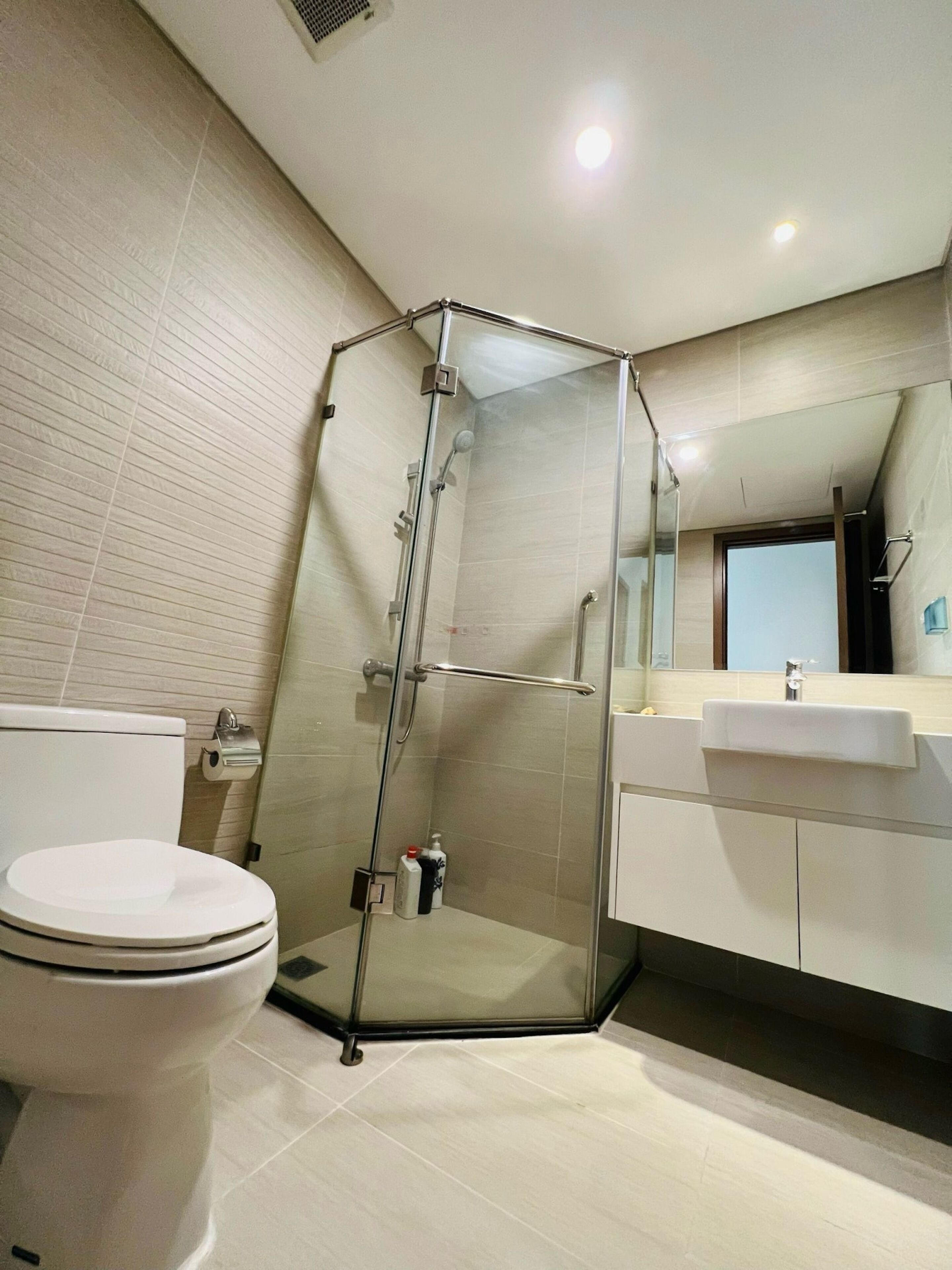 A modern bathroom with a glass-enclosed shower, a toilet, and a vanity with a sink and mirror.