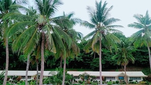 A resort with palm trees and a building with a white roof.