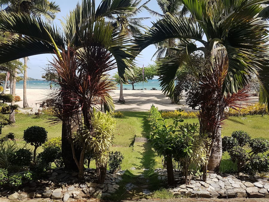 Een tropische tuin met palmbomen, een stenen pad en een strand op de achtergrond.