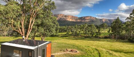 A small cabin with a metal roof and a wooden side, situated in a grassy field with trees and mountains in the background.