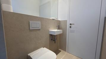 A bathroom with a toilet, sink, and a mirror.