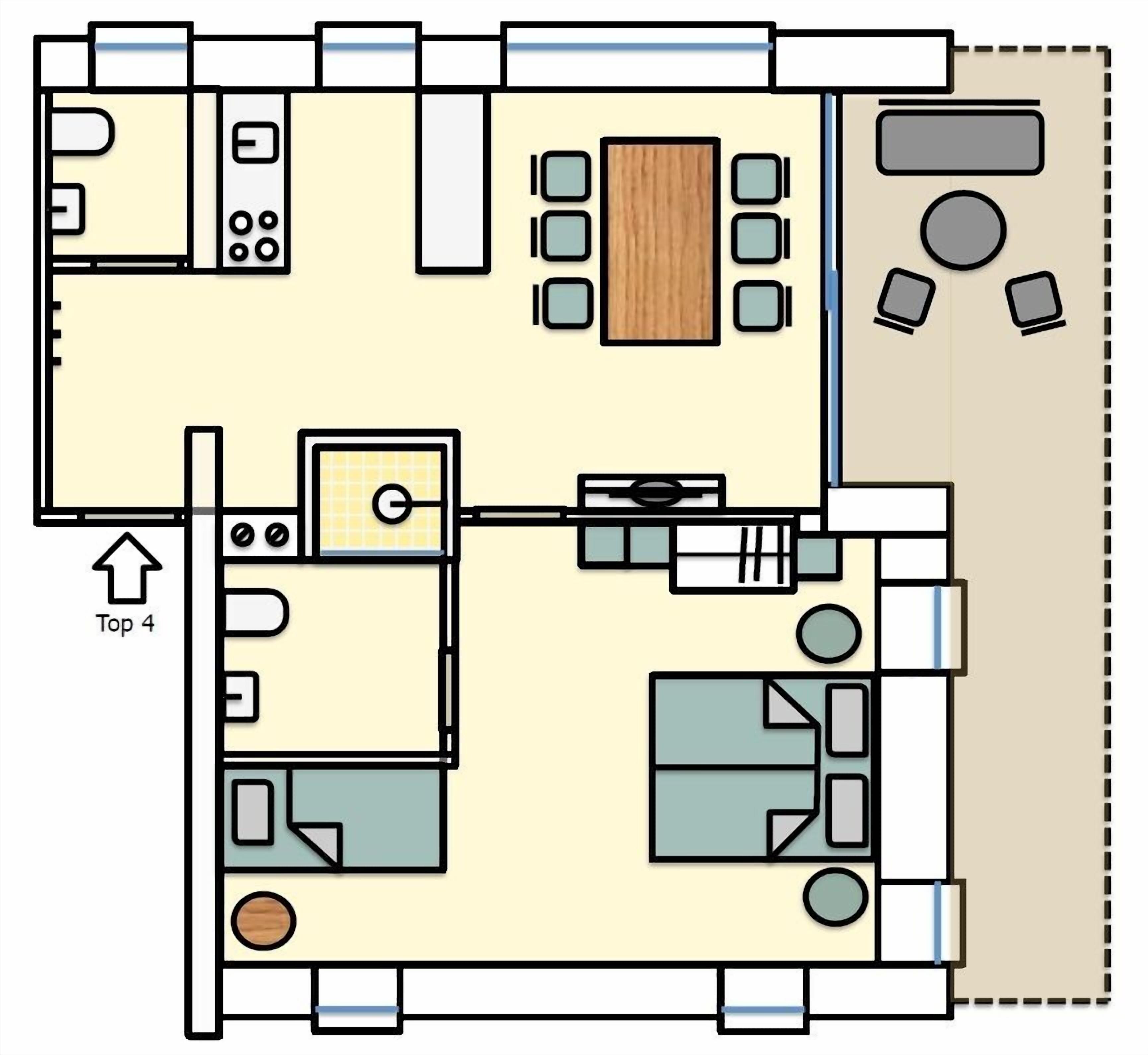 Plano de planta de una habitación de hotel con kitchenette, comedor, sala de estar y baño.