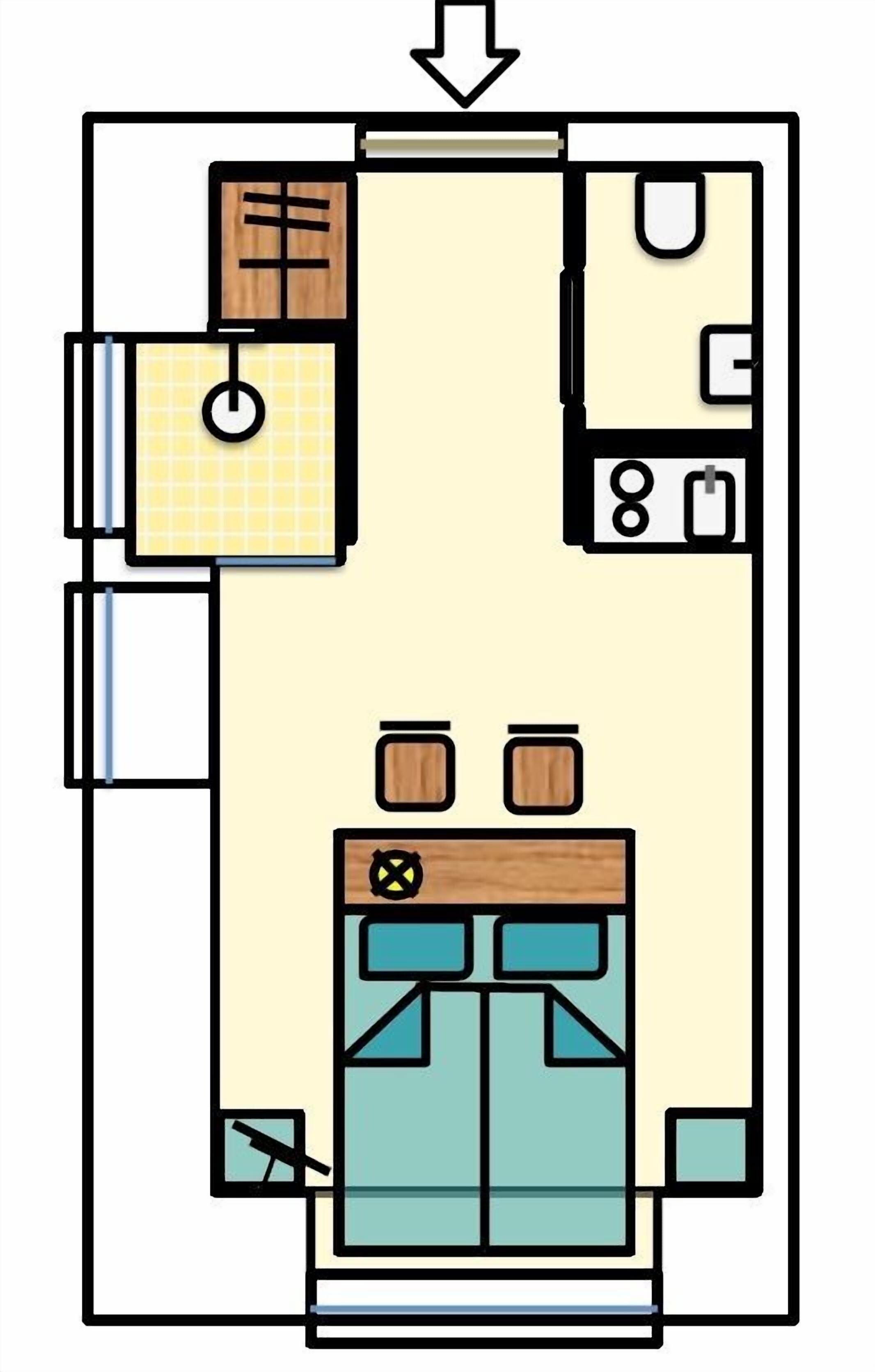 A floor plan with a kitchen, two bedrooms, a bathroom, and a living area.
