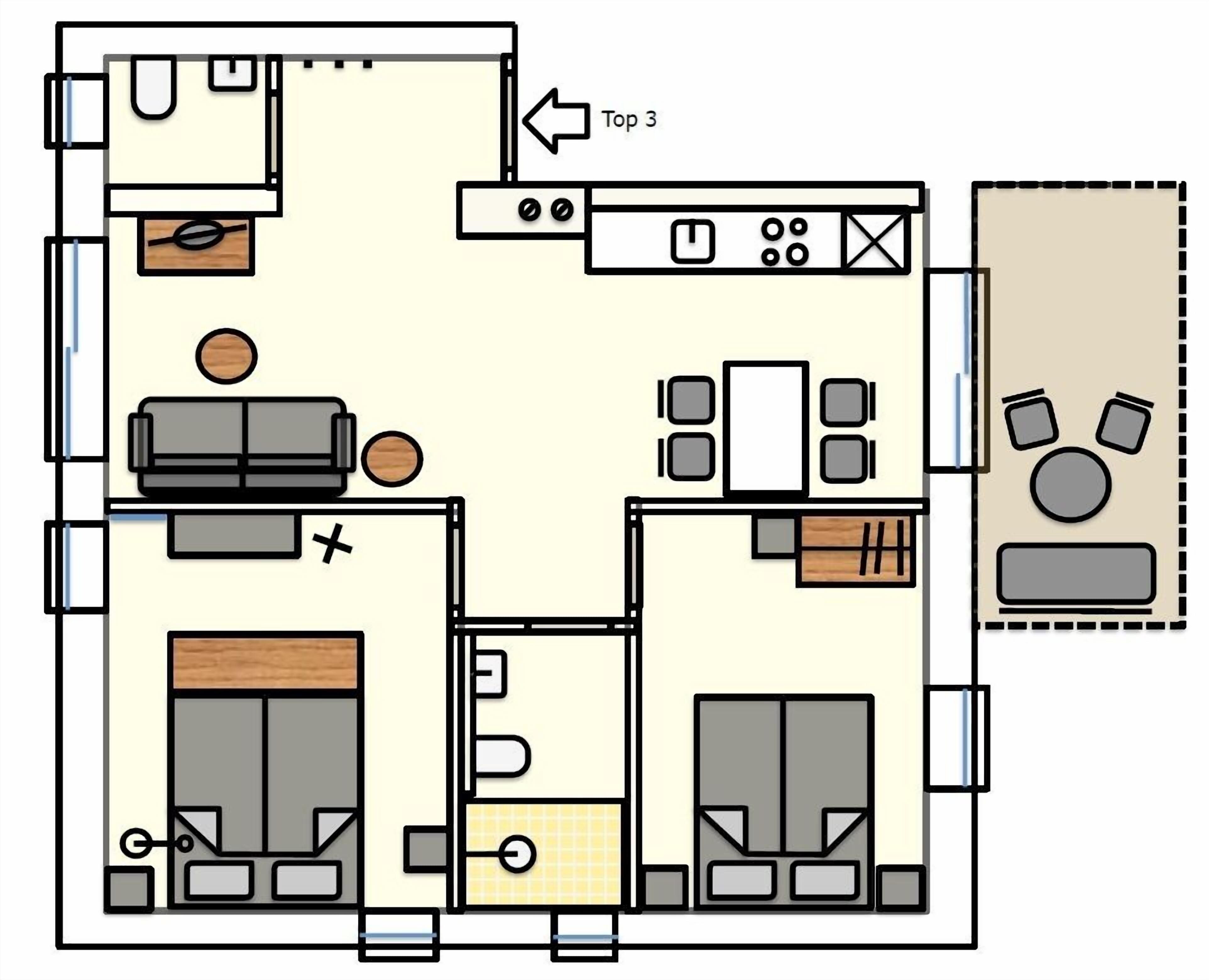 A floor plan of a hotel room with a living area, a kitchenette, a bathroom, and a pet-friendly space.
