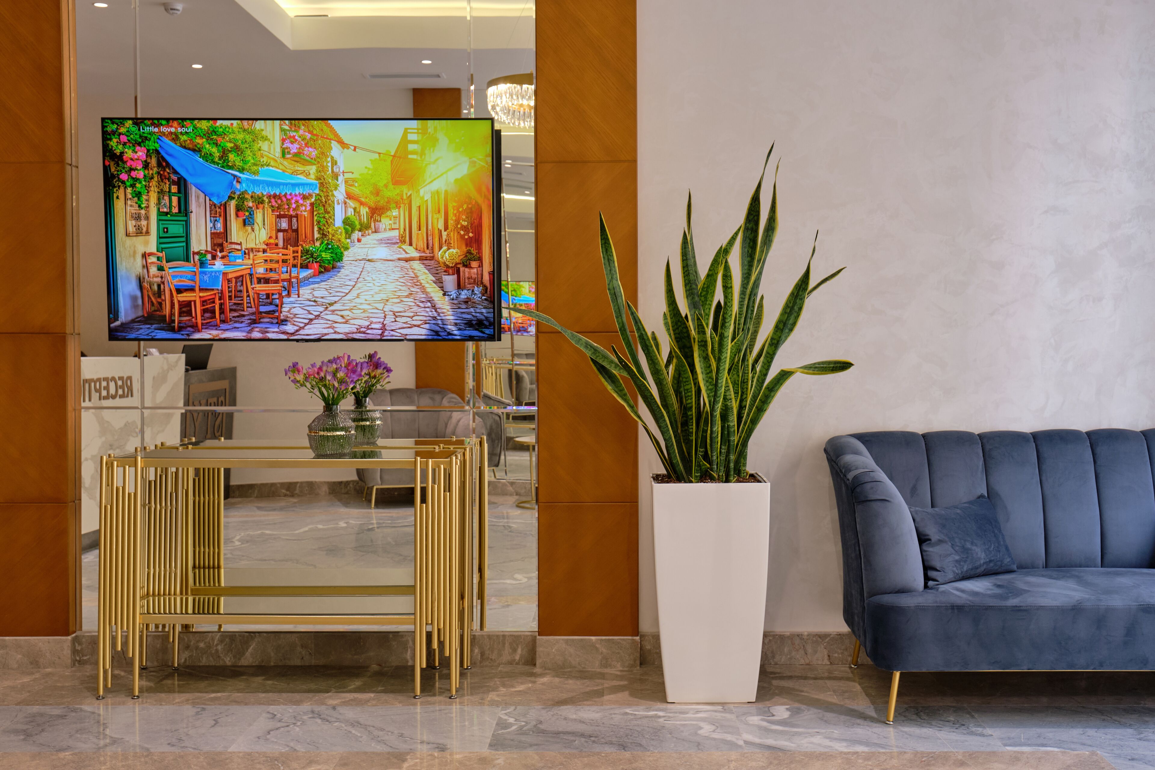 A modern lobby with a large flat-screen TV, a stylish sofa, a decorative console table, and a tall potted plant.