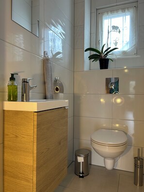 Shower, hair dryer, soap, shampoo