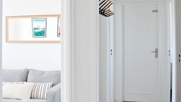A hallway with a white door, a gray sofa, and a framed picture on the wall.