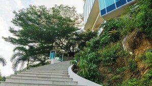 A set of outdoor stone steps leading up to a modern building with large glass windows. - Hilltop Wellness Living (Ratsada)