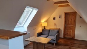 A cozy loft bedroom with a sloped ceiling, a wooden table, a gray sofa, and a wooden door. - Dachgeschosswohnung - Erholung mit Waldblick (Mustin)