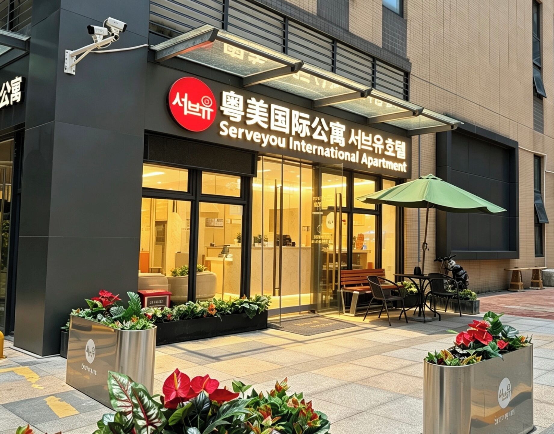 A building with a sign for 'Serveyou International Apartment'.