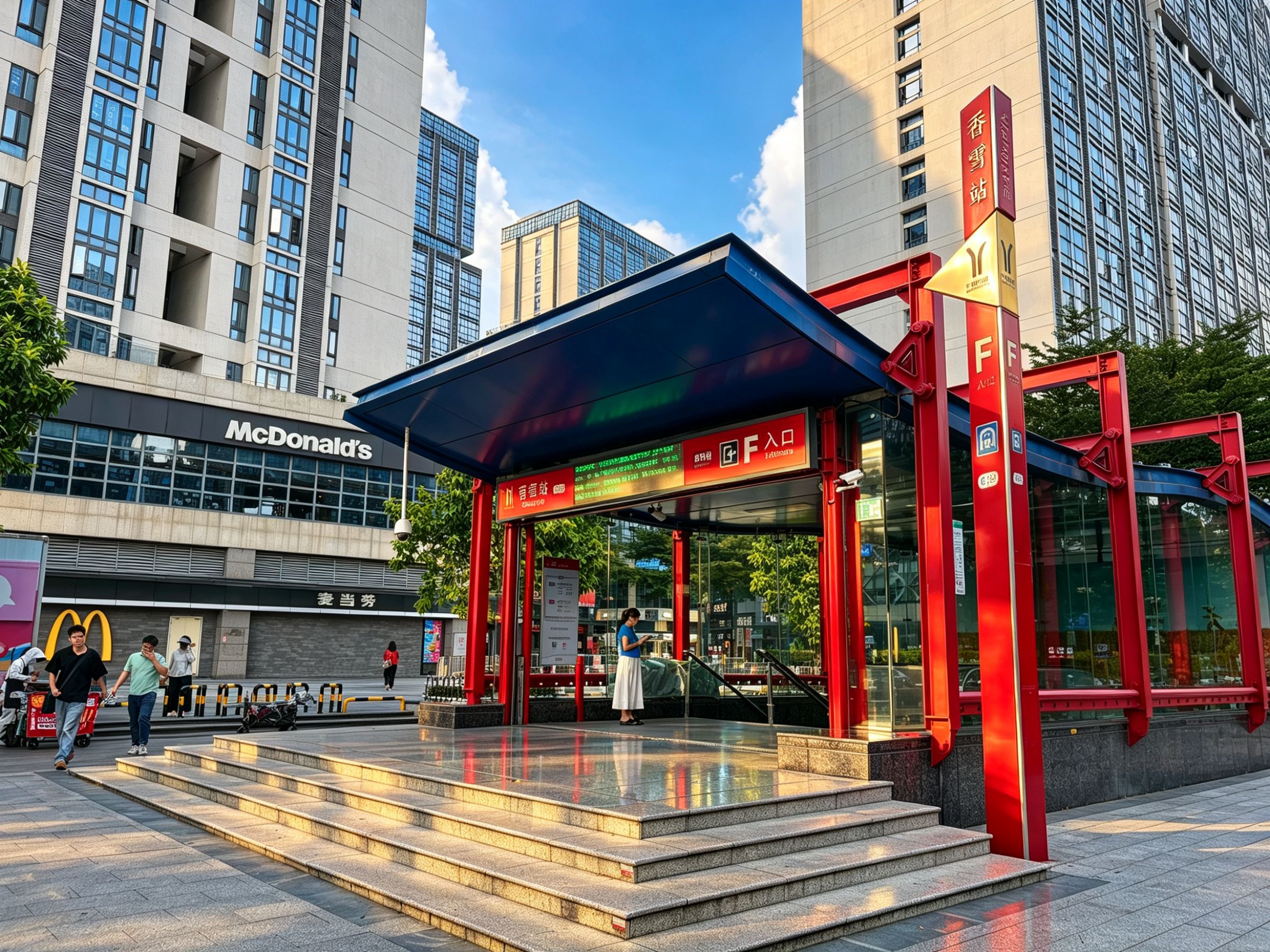 Een moderne buitenruimte met een rode en blauwe constructie, een McDonald's restaurant op de achtergrond en een heldere lucht.
