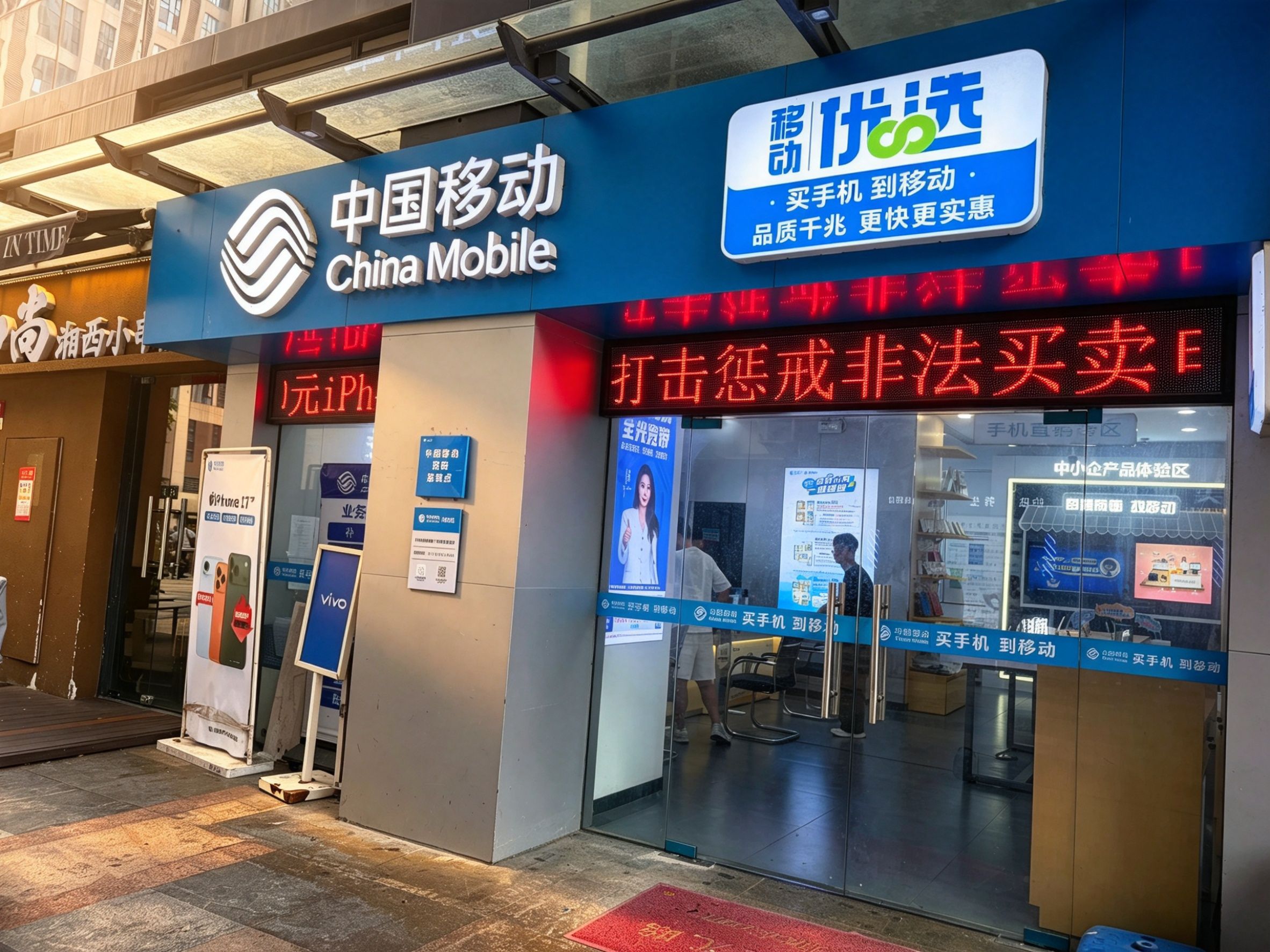A storefront of China Mobile with a digital signboard, a Vivo advertisement, and a visible entrance.