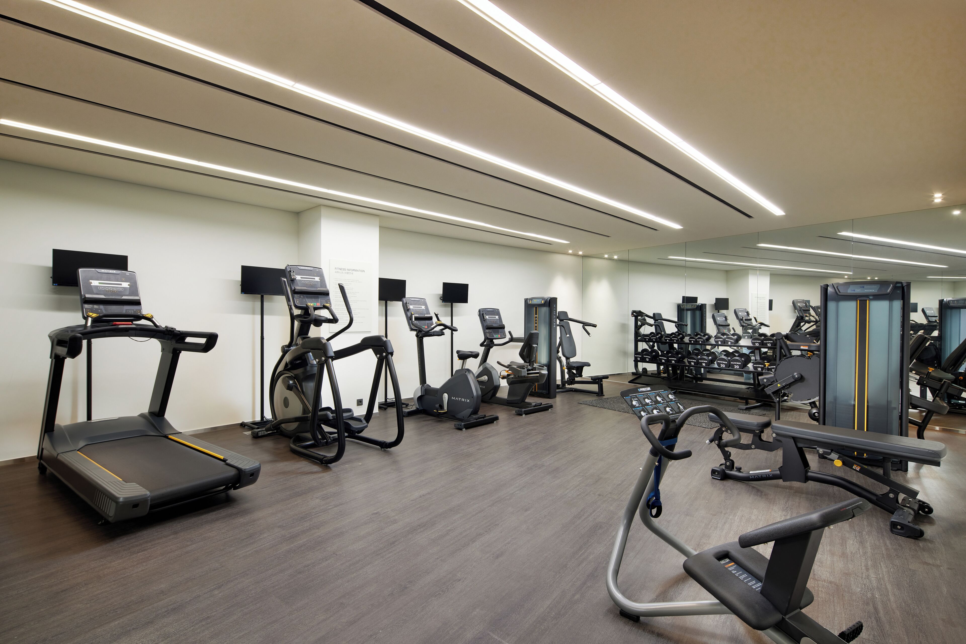 A modern gym with various cardio machines, weightlifting equipment, and a large mirror.
