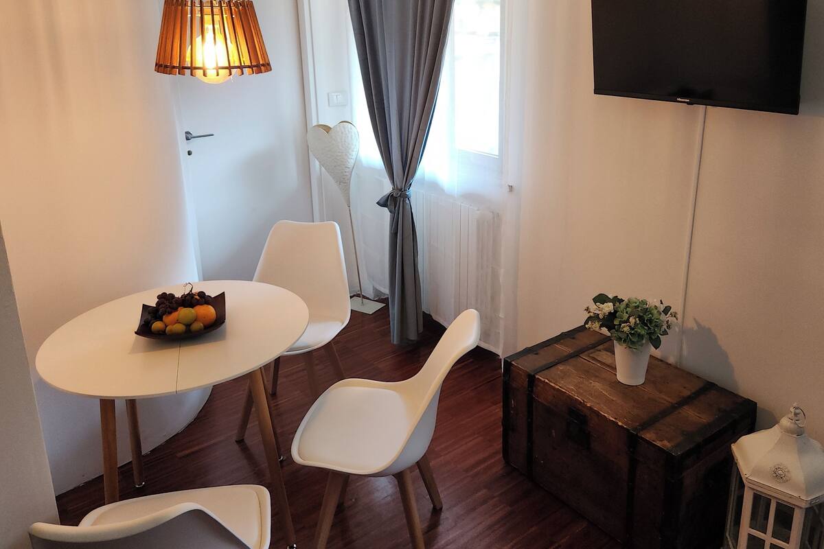 A compact room with a round table, two white chairs, a small wooden side table with a plant, a wall-mounted TV, and a window with curtains.
