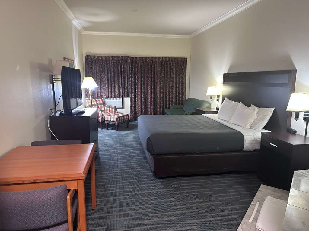 Une chambre d’hôtel avec un lit, un bureau, une chaise, une télévision et un rideau.