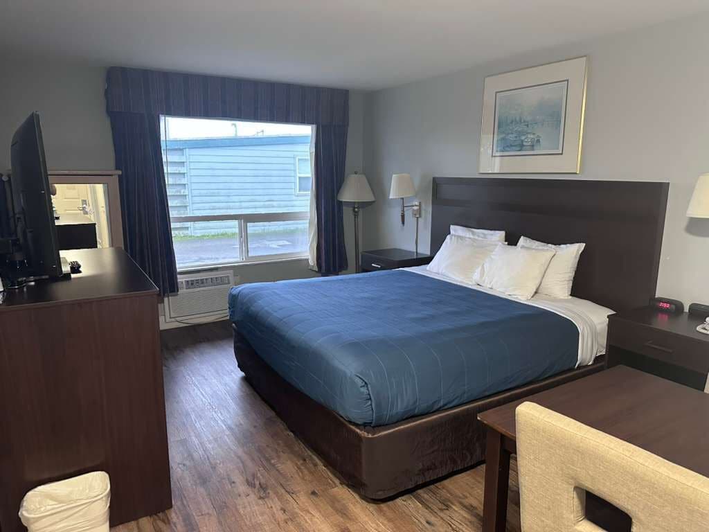 A hotel room with a large bed, a desk, a chair, a TV, a window with curtains, and a framed picture on the wall.