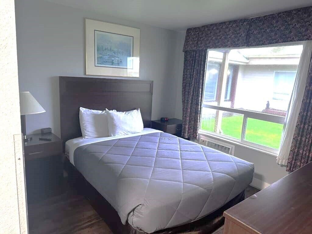 A hotel room with a large bed, a nightstand, a lamp, a framed picture on the wall, and a window with curtains.