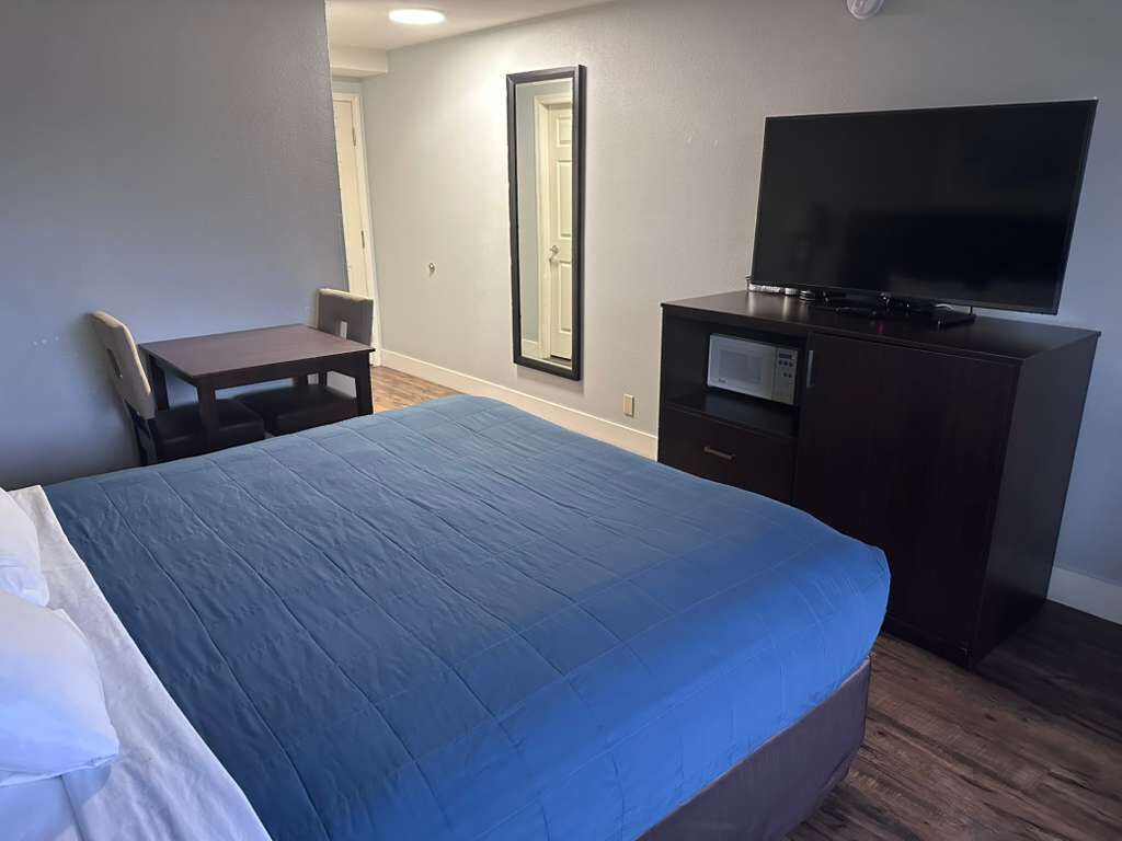 Een hotelkamer met een groot bed, een bureau, een stoel, een televisie en een spiegel.