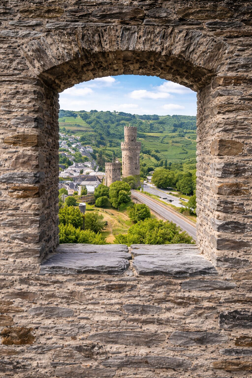 Une arche en pierre encadrant une vue sur un château doté de deux tours, une route et la végétation environnante.