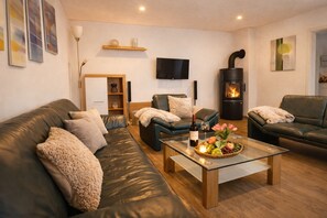 Smart TV, fireplace, books, stereo