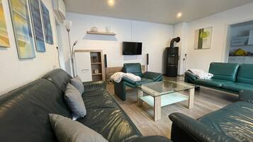 Smart TV, fireplace, books, stereo