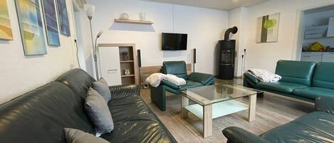 Smart TV, fireplace, books, stereo