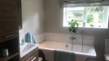Eco-friendly toiletries, hair dryer, towels, soap