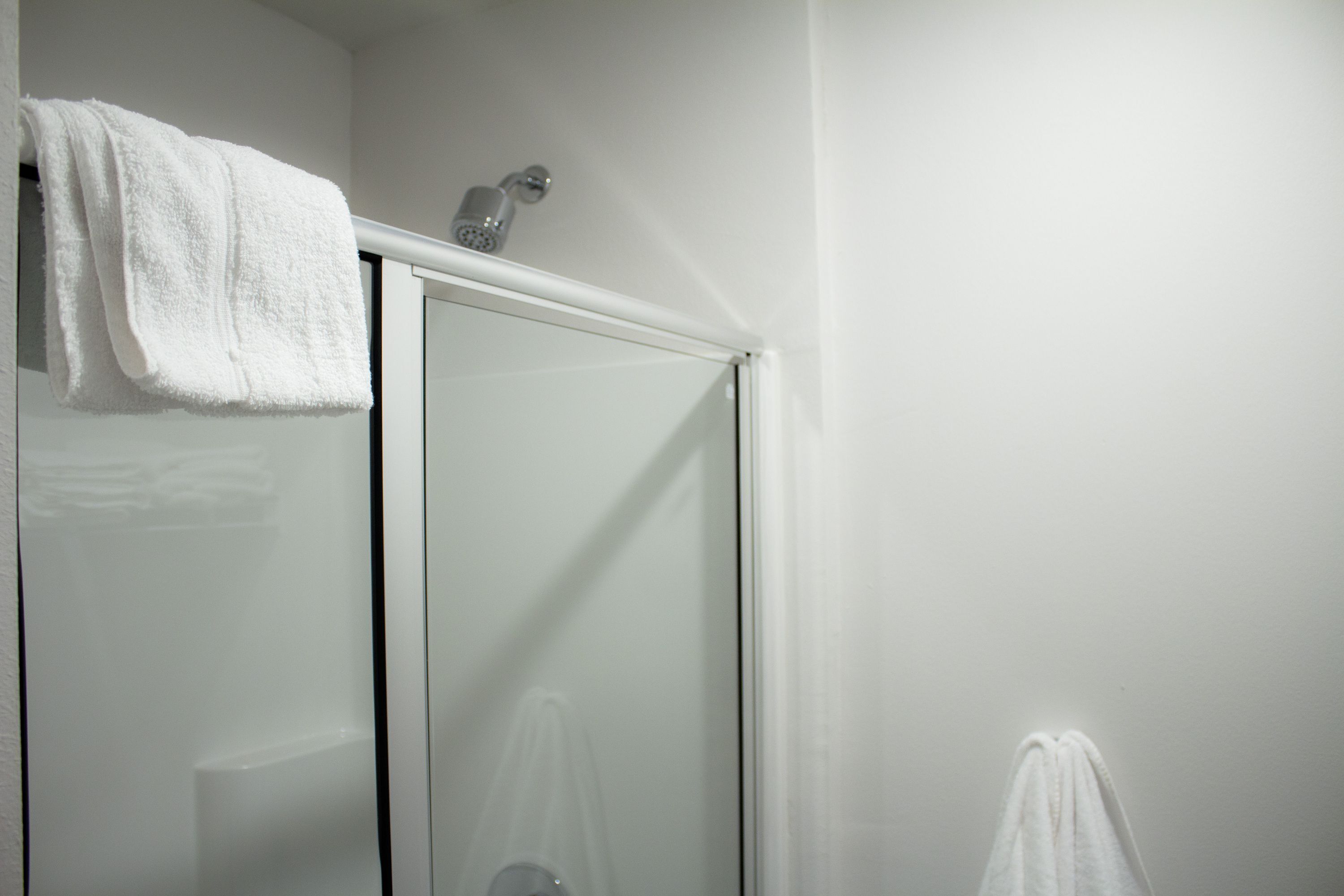 Une salle de bain avec une douche à parois de verre, une serviette blanche accrochée au mur et une pomme de douche au-dessus de la douche.