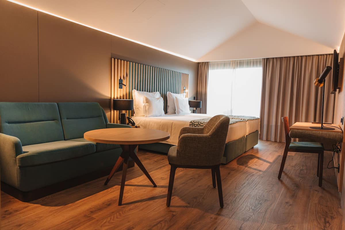 Une chambre d’hôtel moderne équipée d’un lit, d’un canapé, d’une chaise, d’une petite table et d’un téléviseur.