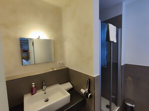 Une salle de bain avec un lavabo, un miroir et une douche.