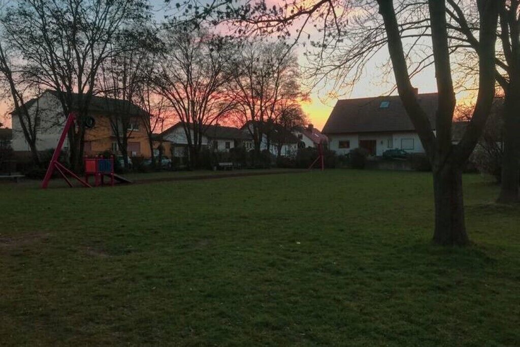 A grassy park area with playground equipment and houses in the background.