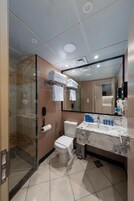 A modern bathroom with a glass shower enclosure, a toilet, a sink with marble countertop, and a large mirror.