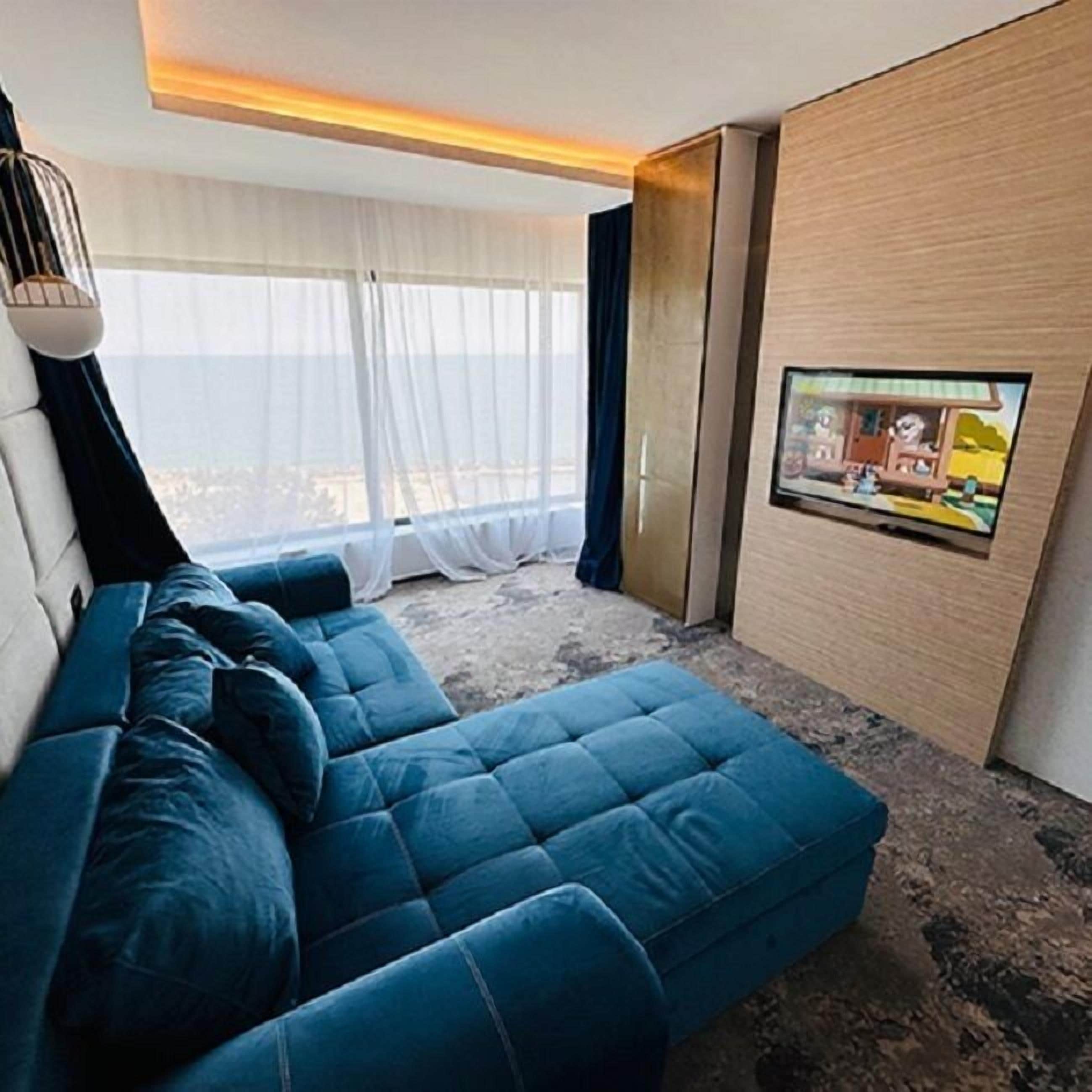 A modern living room with a blue sofa, a television on the wall, and a large window with sheer curtains.