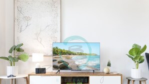 A modern living room with a TV on a wooden TV stand, two potted plants, a small table with a lamp, and a framed artwork on the wall. - Zen Nomad Balcony Outdoor Dining Markets (Nightcliff)