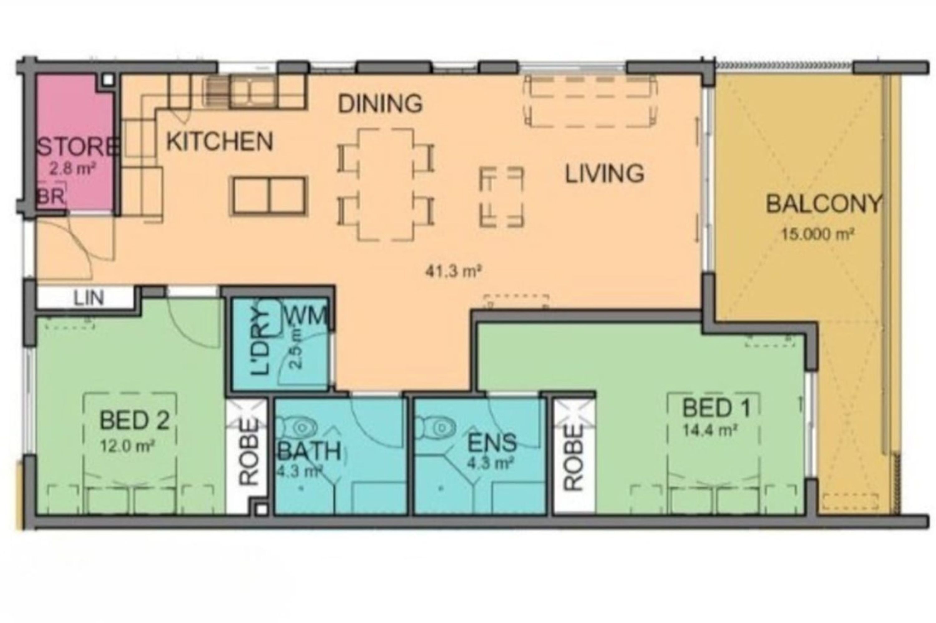 Grundriss mit Essbereich, Küche, Wohnzimmer, Balkon, Geschäft, Bad und zwei Schlafzimmern.