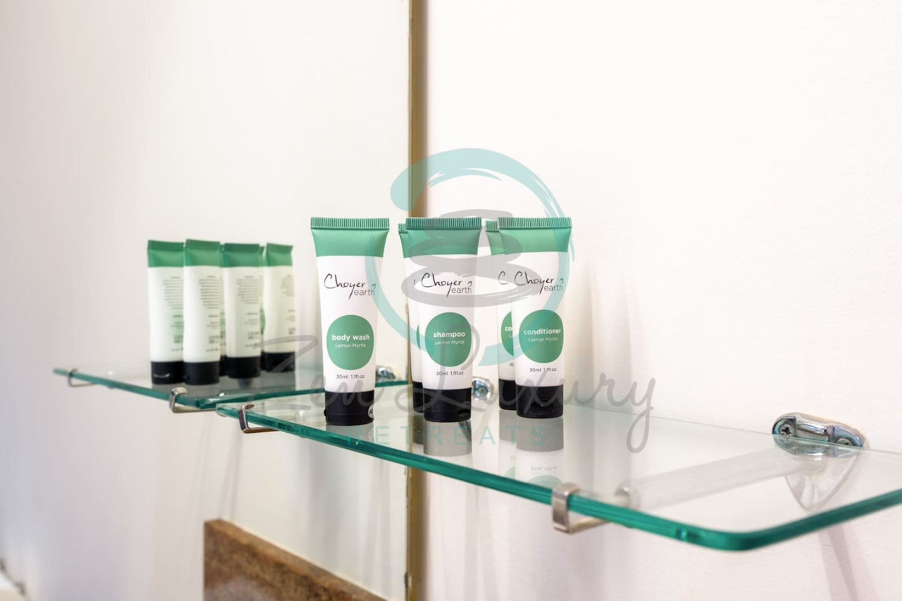 A glass shelf with various Choyer Earth body wash, shampoo, and conditioner bottles.