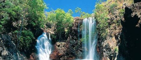 A waterfall cascading into a calm pool surrounded by rocky cliffs and dense greenery.