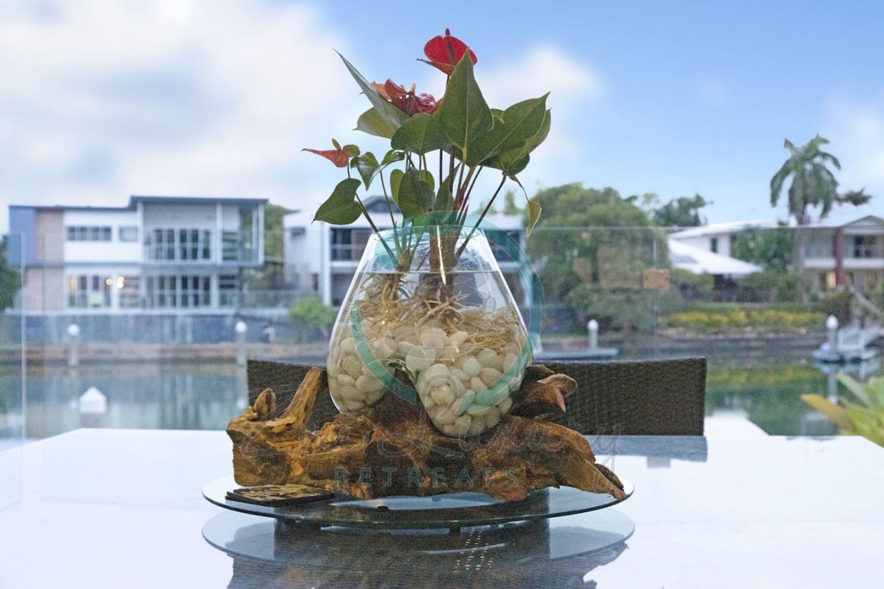 A table with a glass vase containing a plant and decorative items.