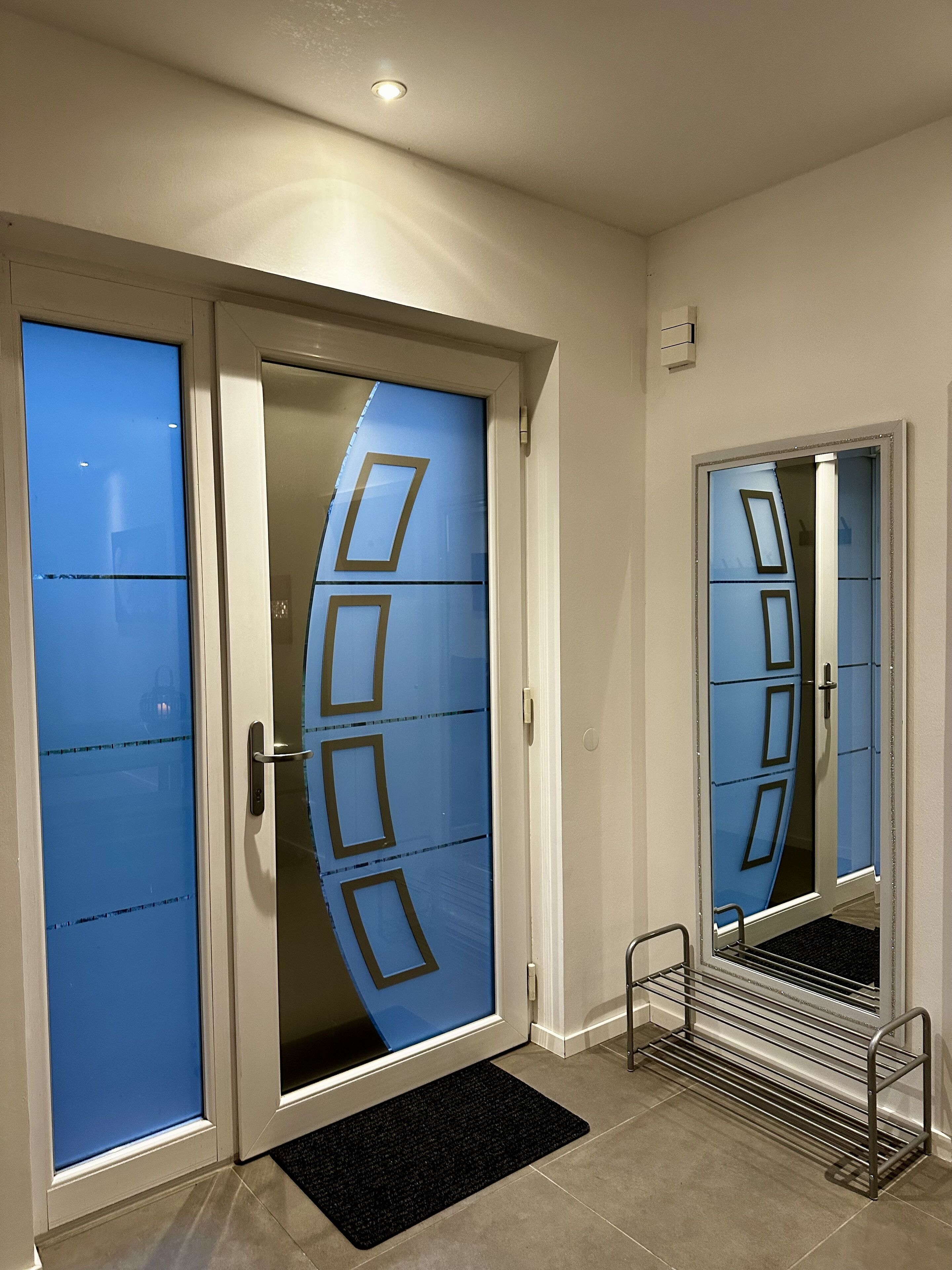 A room with two doors, one with a blue glass panel and the other with a mirrored door. There is a small step with a metal handrail leading to the door.