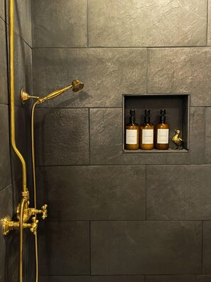 Shower, hair dryer, towels, soap