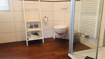 Ducha, secador de pelo, toallas y papel higiénico