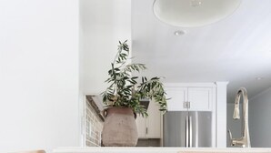 Una cocina moderna con armarios negros, dos sillas de madera, un florero con plantas verdes y una lámpara colgante.