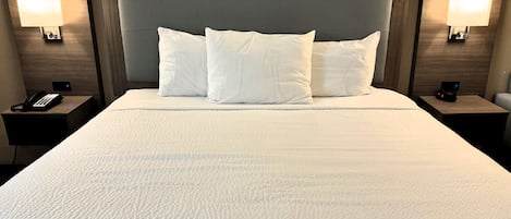 A hotel room with a large bed, two bedside tables, and two wall-mounted lamps.